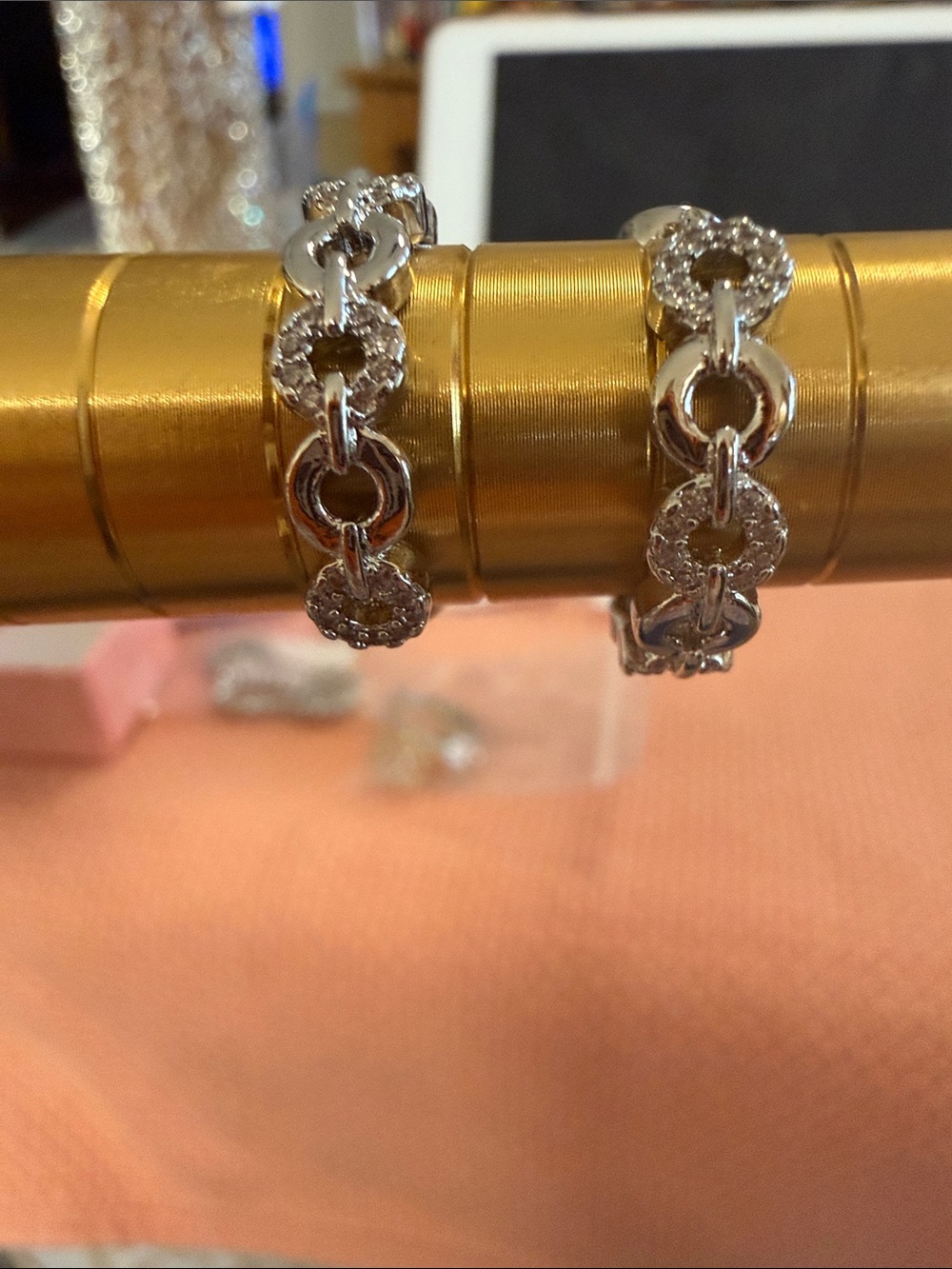 Silver Circle Link Earrings with Pavé Accents - Silver
